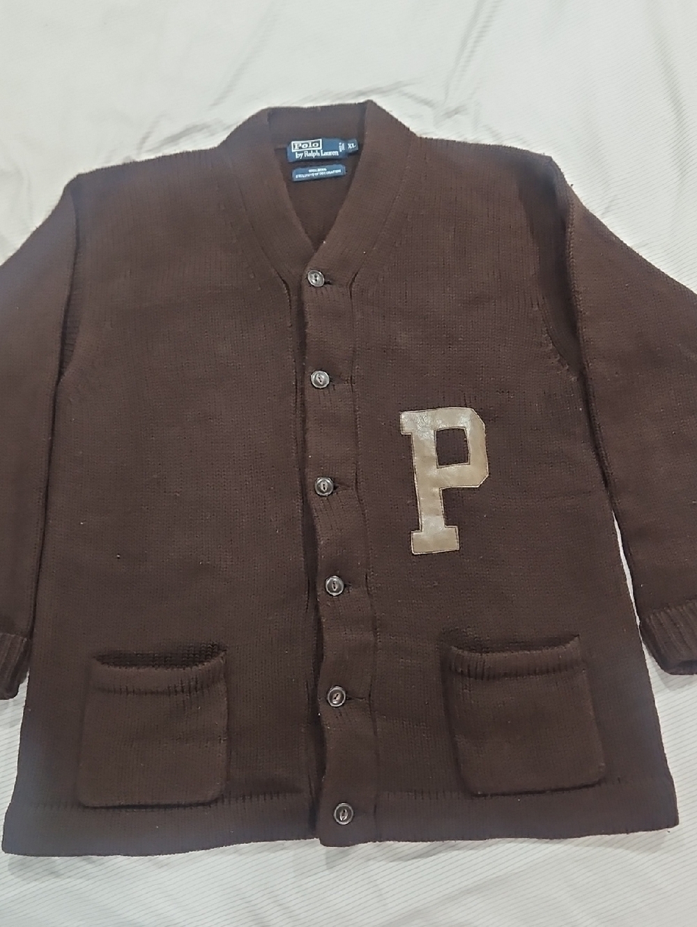 Vintage Polo by Ralph Lauren Brown Knit Letterman Cardigan with 'P' Patch